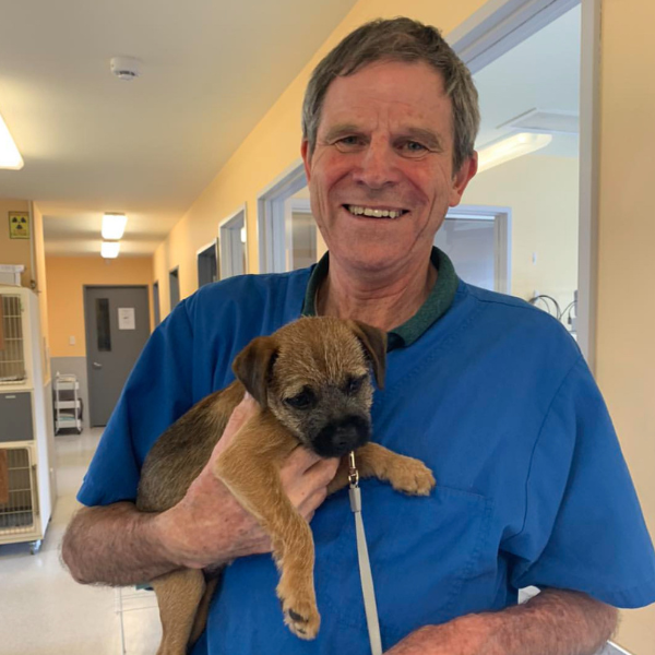 Veterinarian Dr Peter McLean holding his Border Terrier, Skye, at Avonhead Veterinary Clinic in Christchurch.